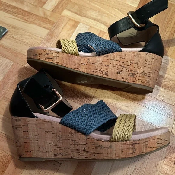 Women’s Aqua and yellow braided with black ankle strap enclosed cork 2 1/2 heel - Picture 9 of 12